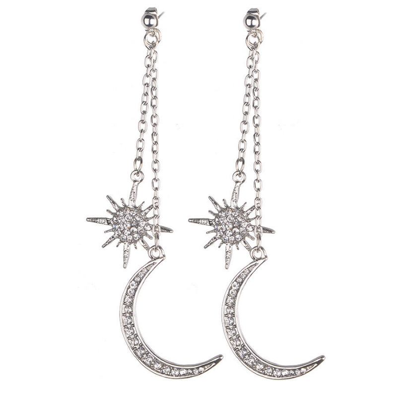 Bohemian Style Fuld Rhinestone Øreringe Shiny Moon Star Lang Øredråbe Ørering Til Kvinder