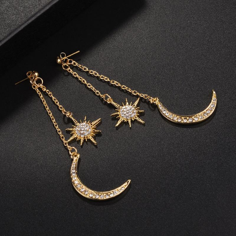 Bohemian Style Fuld Rhinestone Øreringe Shiny Moon Star Lang Øredråbe Ørering Til Kvinder