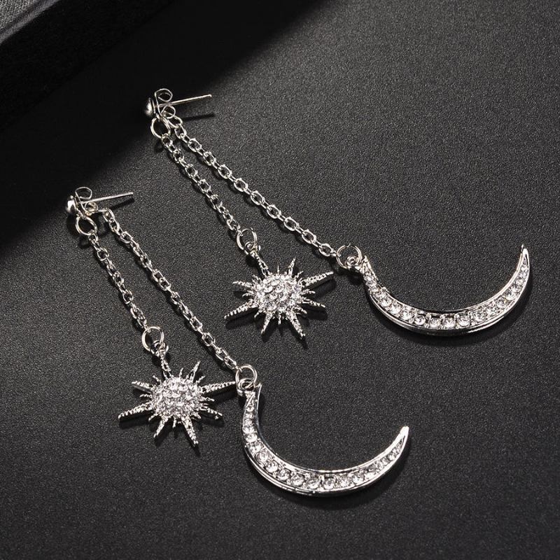 Bohemian Style Fuld Rhinestone Øreringe Shiny Moon Star Lang Øredråbe Ørering Til Kvinder