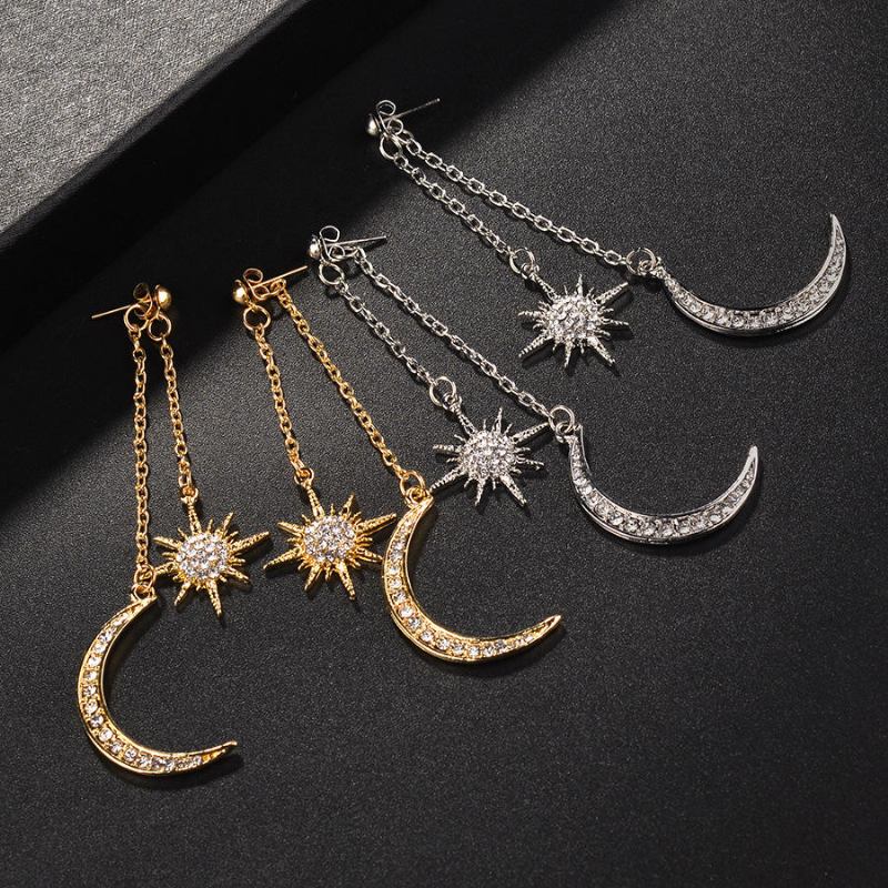 Bohemian Style Fuld Rhinestone Øreringe Shiny Moon Star Lang Øredråbe Ørering Til Kvinder