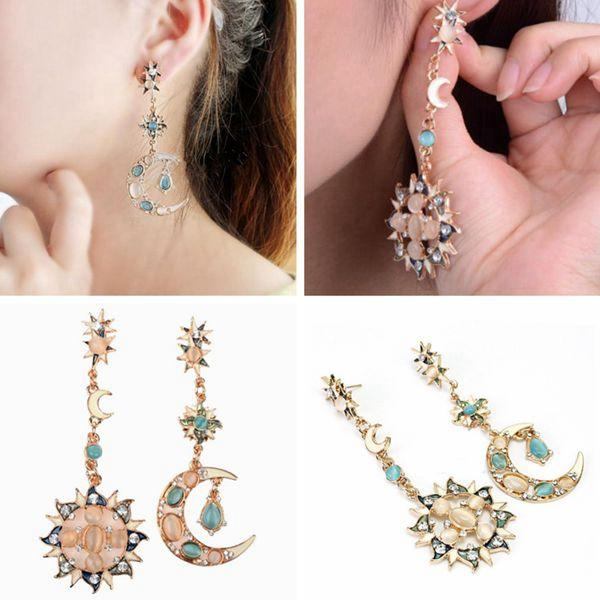 Bohemian Trendy Star Sun Moon Rhinestone Crystal Stellar Ear Drop Øreringe Til Kvinder Smykker