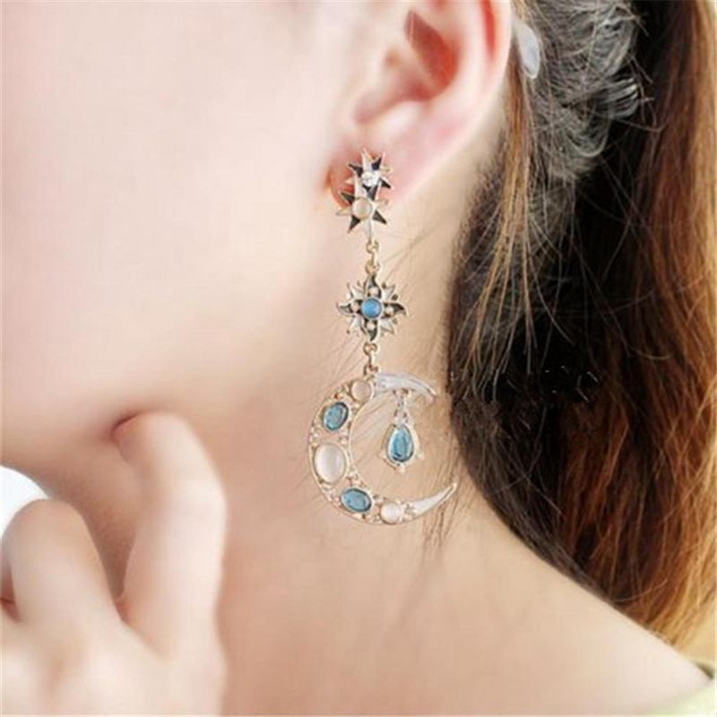 Bohemian Trendy Star Sun Moon Rhinestone Crystal Stellar Ear Drop Øreringe Til Kvinder Smykker