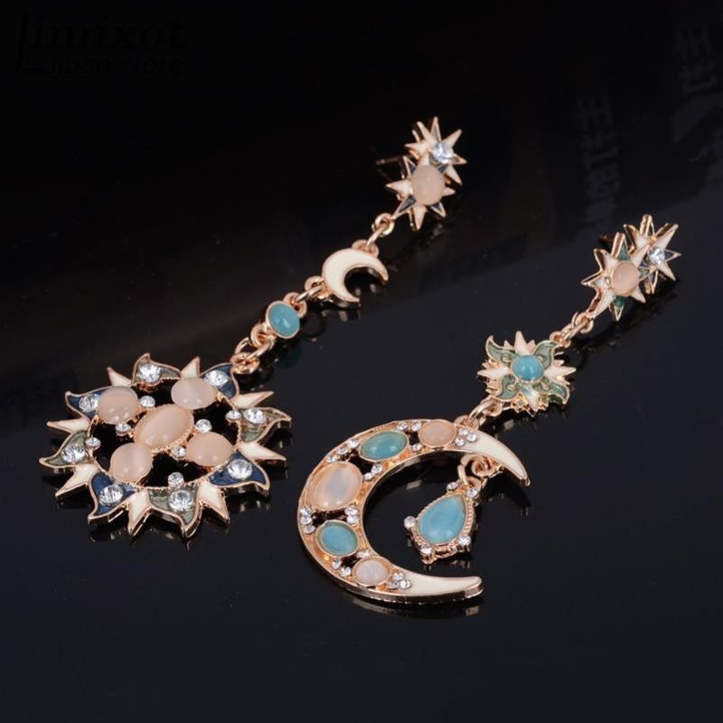 Bohemian Trendy Star Sun Moon Rhinestone Crystal Stellar Ear Drop Øreringe Til Kvinder Smykker