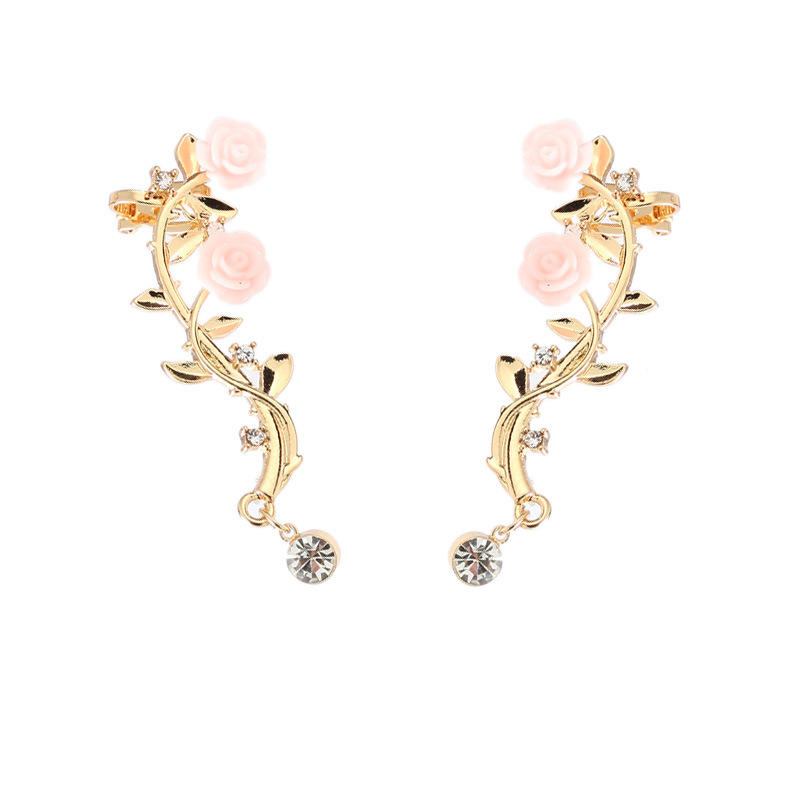 Elegant Lyserød Blomst Dame Manchet Ørering Sølv Guld Farve Piercing Clip Øreringe