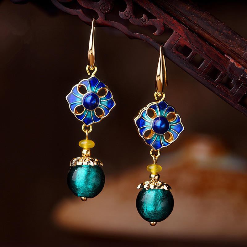 Luksus Retro Dangle Øreringe Cloisonne Flower Agate Håndlavede Guldøreringe Til Kvinder Etniske Smykker