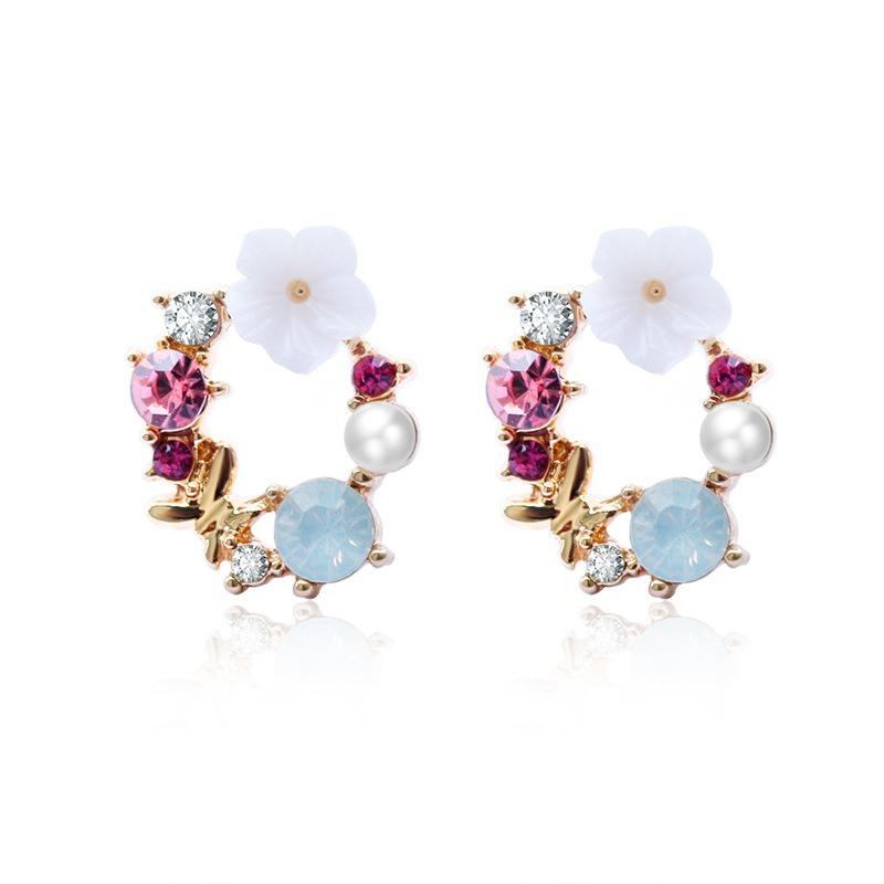 Søde Elegante Blomsterøreringe Rhinestone Pearl Ear Stub Runde Øreringe