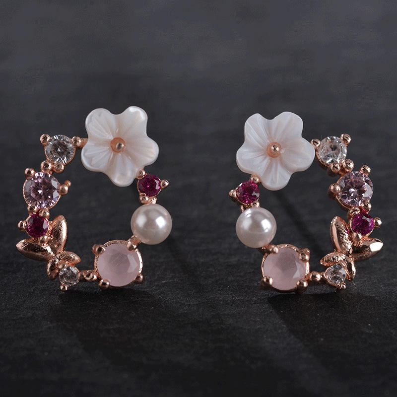 Søde Elegante Blomsterøreringe Rhinestone Pearl Ear Stub Runde Øreringe