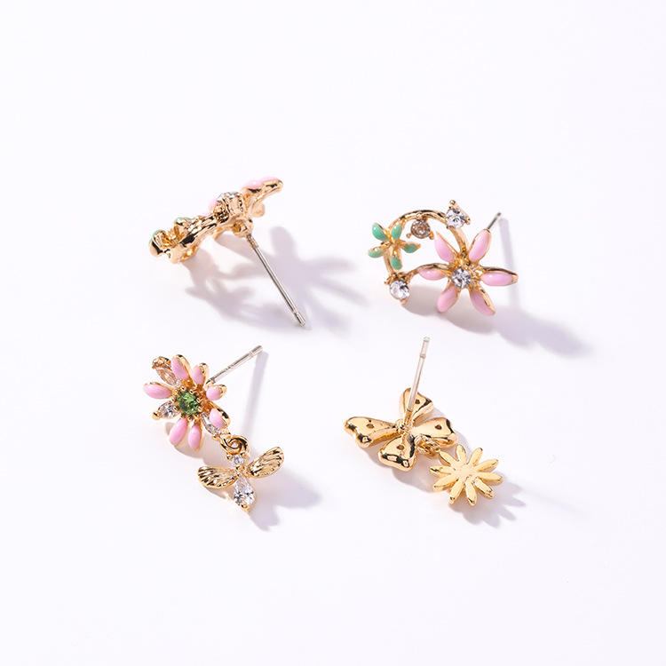 Sweet Flower Butterfly Stud Øreringe Anallergisk Sterling Sølv Nål Rhinestone Dame Øreringe