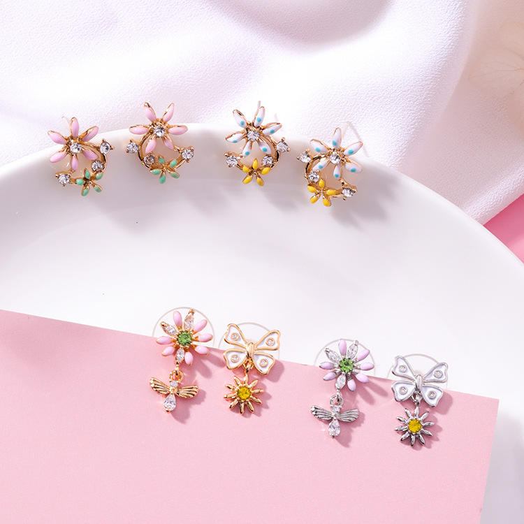 Sweet Flower Butterfly Stud Øreringe Anallergisk Sterling Sølv Nål Rhinestone Dame Øreringe