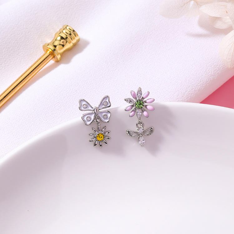 Sweet Flower Butterfly Stud Øreringe Anallergisk Sterling Sølv Nål Rhinestone Dame Øreringe