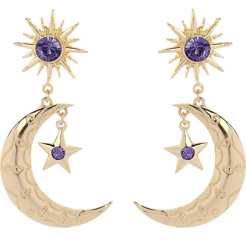 Trendy Sun Moon Star Big Ear Drop Ørering Lilla Rhinestone Øreringe Til Kvinder