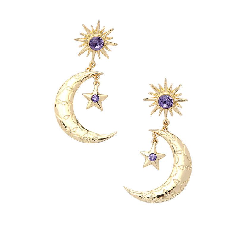 Trendy Sun Moon Star Big Ear Drop Ørering Lilla Rhinestone Øreringe Til Kvinder