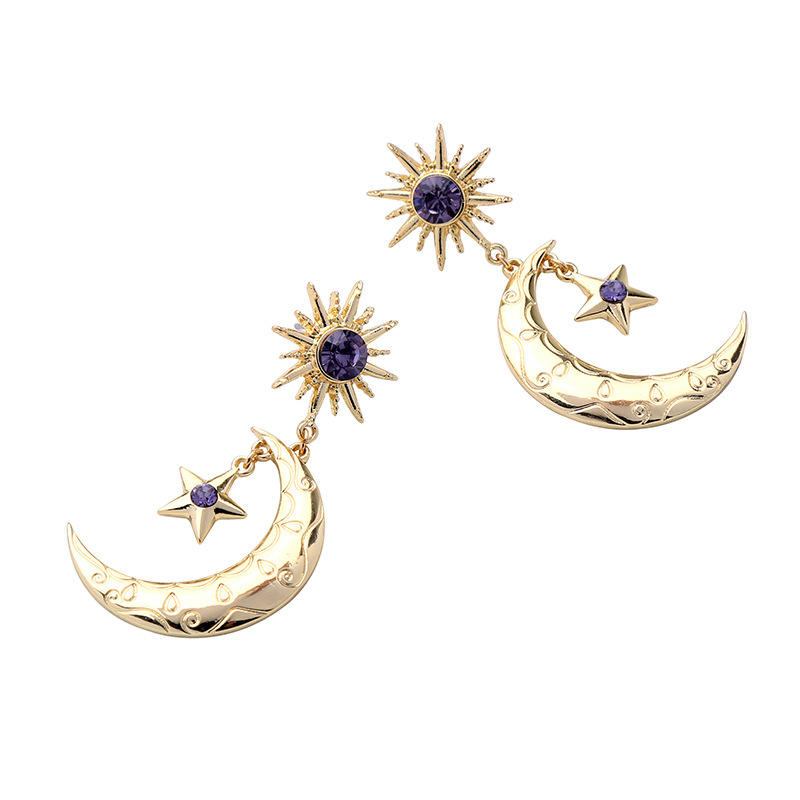 Trendy Sun Moon Star Big Ear Drop Ørering Lilla Rhinestone Øreringe Til Kvinder