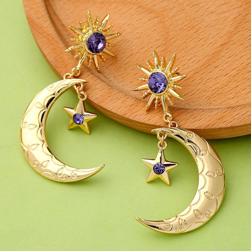 Trendy Sun Moon Star Big Ear Drop Ørering Lilla Rhinestone Øreringe Til Kvinder