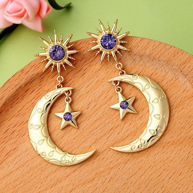 Trendy Sun Moon Star Big Ear Drop Ørering Lilla Rhinestone Øreringe Til Kvinder