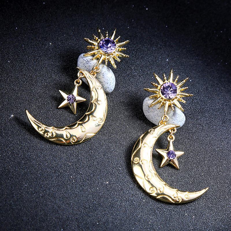 Trendy Sun Moon Star Big Ear Drop Ørering Lilla Rhinestone Øreringe Til Kvinder