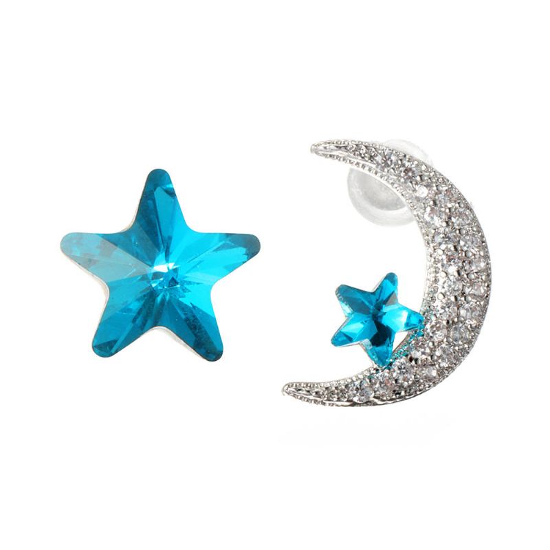 Unikke Asymmetriske Ørestikker Øreringe Luksus Mikrobelagte Zirconia Crystal Star Moon Piercing Øreringe