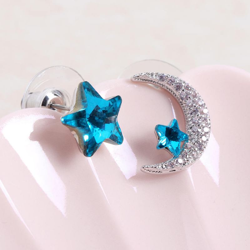 Unikke Asymmetriske Ørestikker Øreringe Luksus Mikrobelagte Zirconia Crystal Star Moon Piercing Øreringe