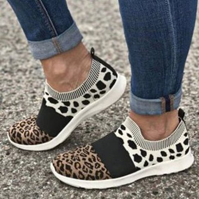 Damer Stor Størrelse Mesh Åndbart Leopardmønster Elastik Slip On Sneakers