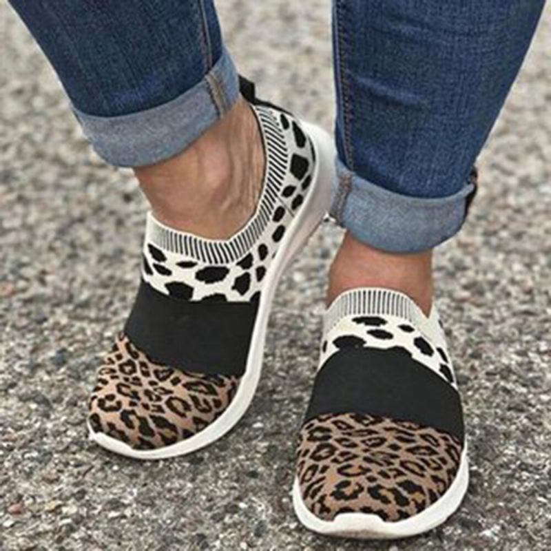 Damer Stor Størrelse Mesh Åndbart Leopardmønster Elastik Slip On Sneakers