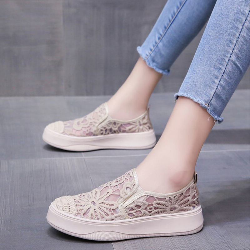 Kvinder Casual Blomsterbroderede Lace Sneakers Med Blonder