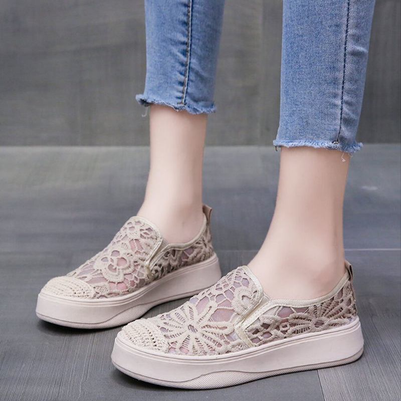 Kvinder Casual Blomsterbroderede Lace Sneakers Med Blonder