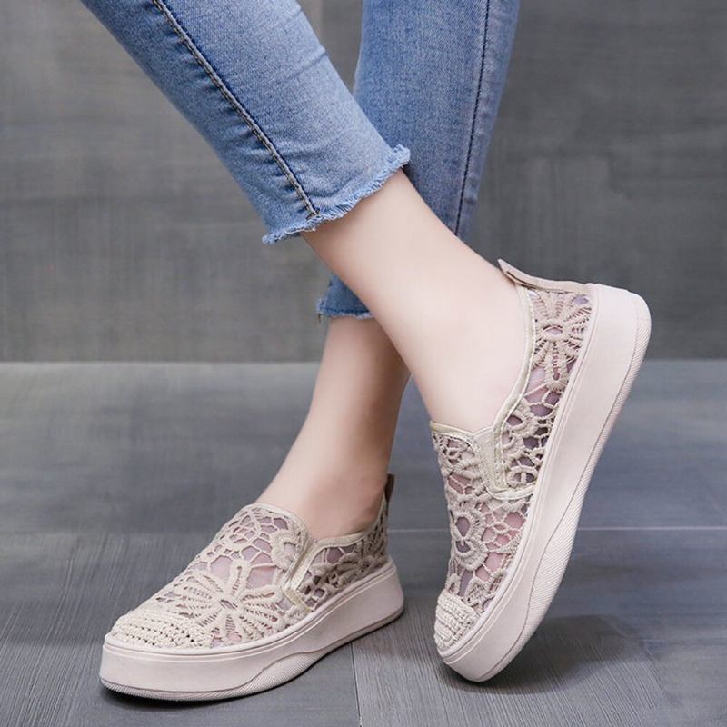 Kvinder Casual Blomsterbroderede Lace Sneakers Med Blonder