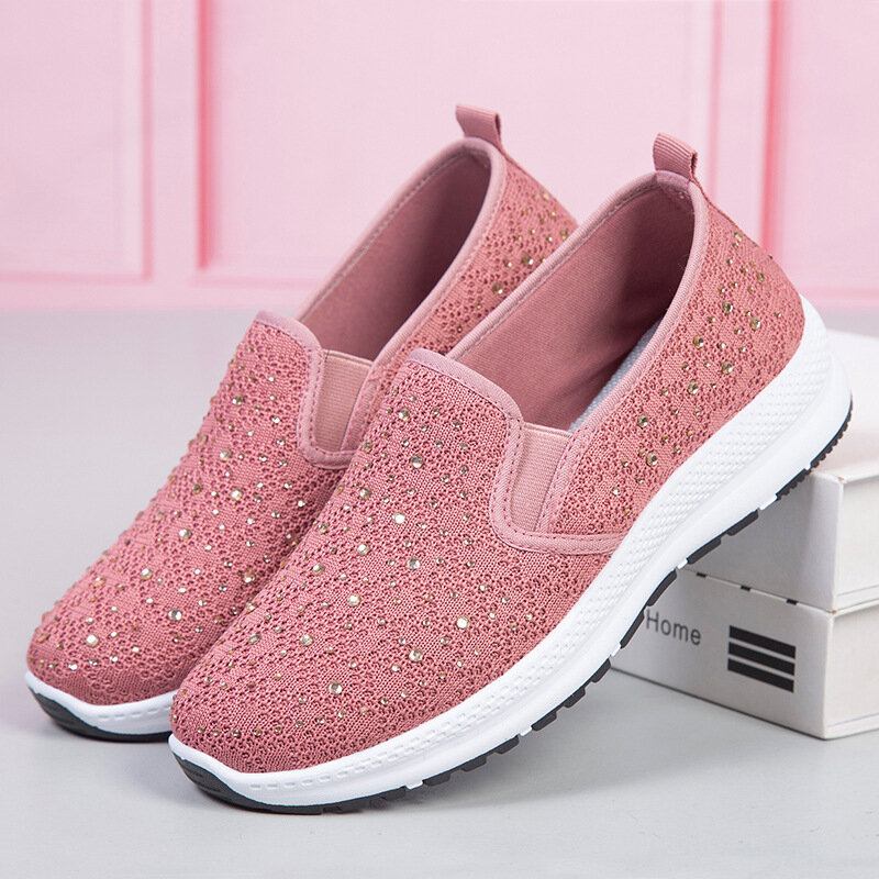 Kvinder Casual Rhinestone Åndbar Strikket Blød Flade Walking Sneakers