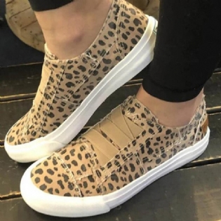 Woemn Leopard Printing Elastic Band Casual Canvas Flade Sko