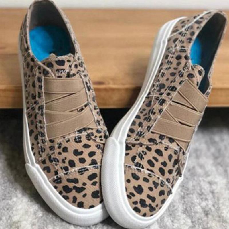 Woemn Leopard Printing Elastic Band Casual Canvas Flade Sko