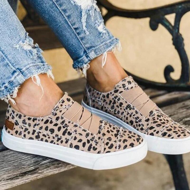 Woemn Leopard Printing Elastic Band Casual Canvas Flade Sko