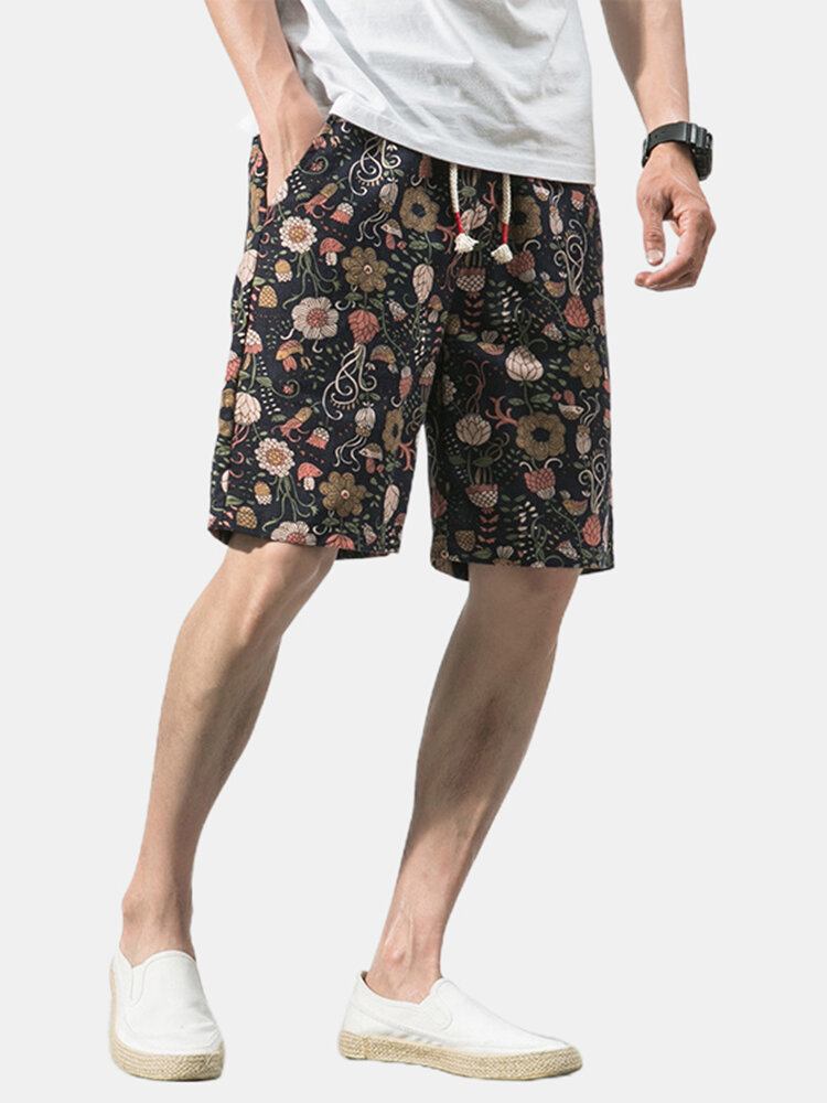 Bomuld Herre Blomsterprint Lomme Snøre Casual Shorts