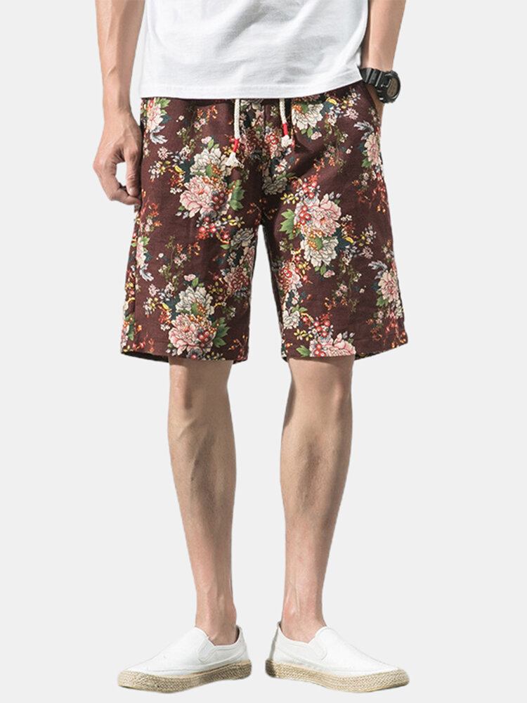 Bomuld Herre Blomsterprint Lomme Snøre Casual Shorts