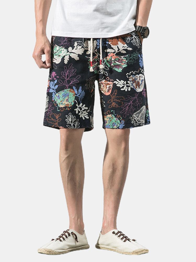 Bomuld Herre Blomsterprint Lomme Snøre Casual Shorts