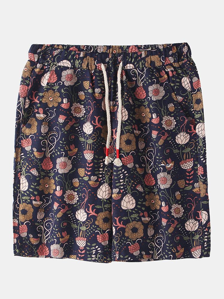 Bomuld Herre Blomsterprint Lomme Snøre Casual Shorts