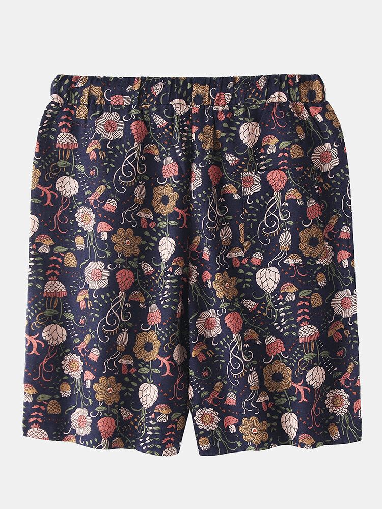 Bomuld Herre Blomsterprint Lomme Snøre Casual Shorts