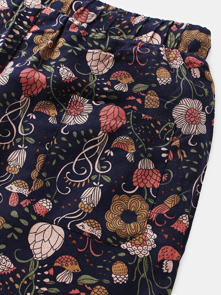 Bomuld Herre Blomsterprint Lomme Snøre Casual Shorts