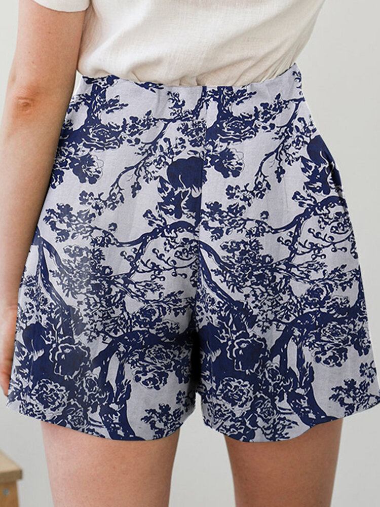 Bomuld Plant Print Pocket Ruched Casual Shorts