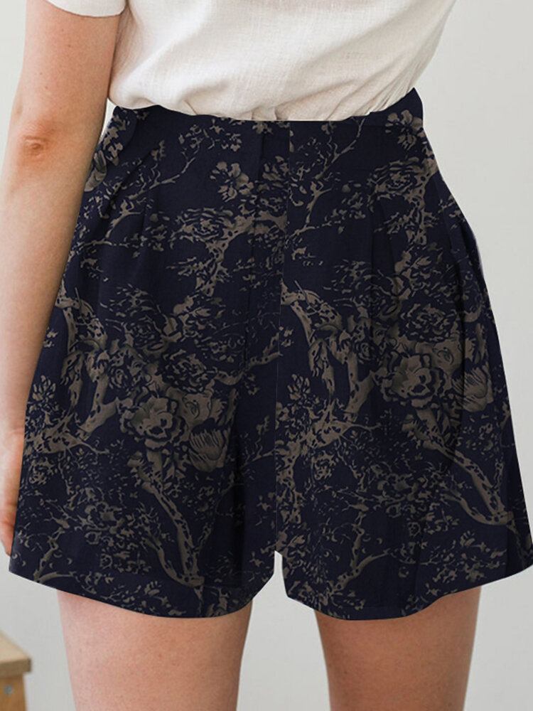 Bomuld Plant Print Pocket Ruched Casual Shorts