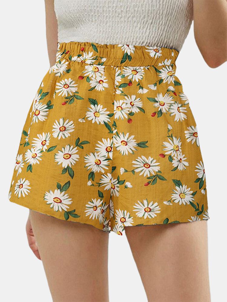 Daisy Print Højtaljet Kvinder Casual Shorts