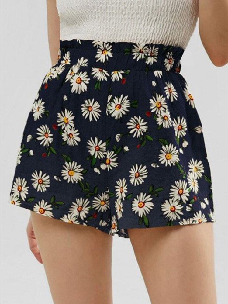 Daisy Print Højtaljet Kvinder Casual Shorts