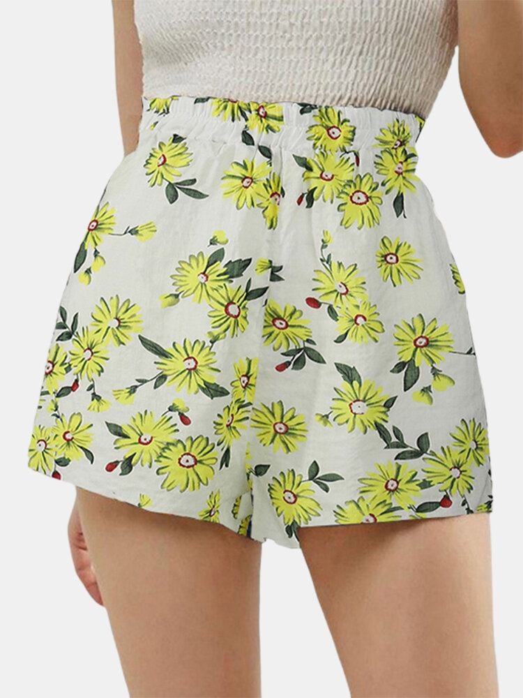 Daisy Print Højtaljet Kvinder Casual Shorts