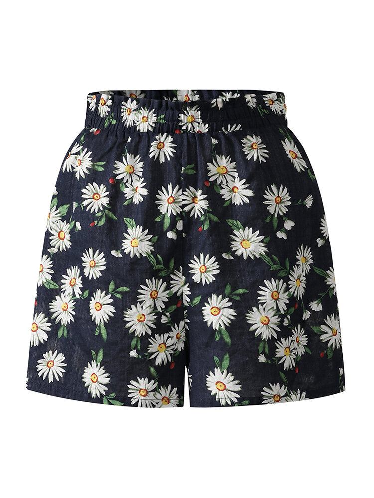 Daisy Print Højtaljet Kvinder Casual Shorts