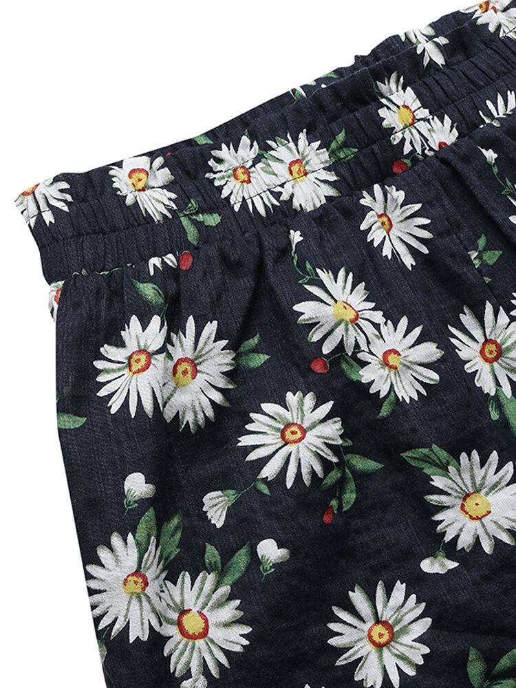 Daisy Print Højtaljet Kvinder Casual Shorts