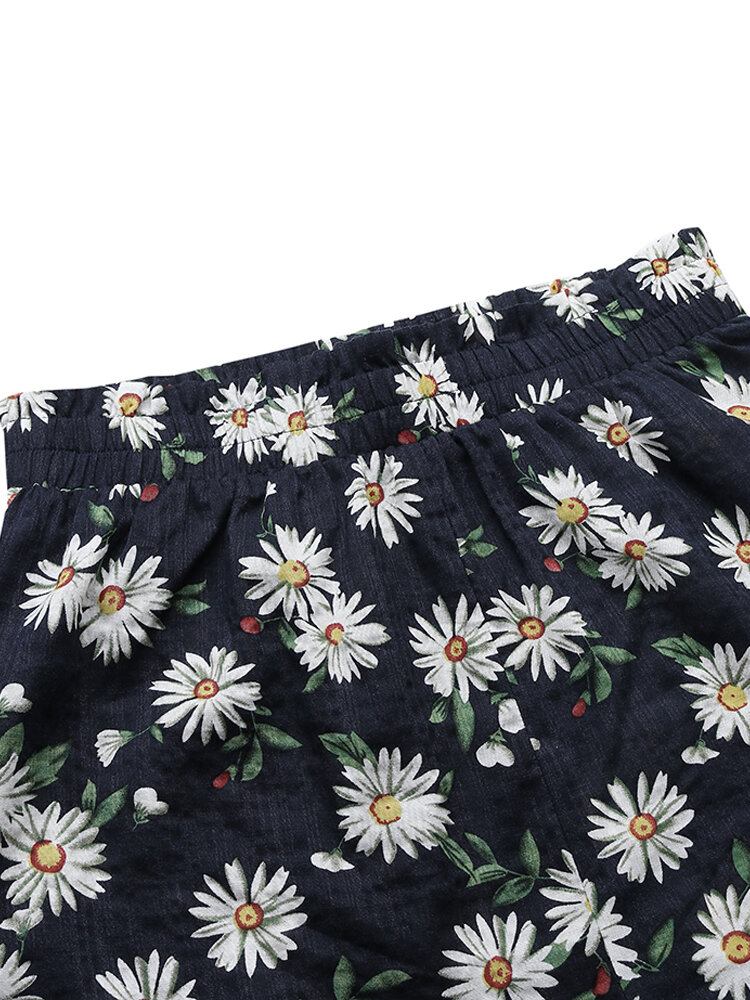 Daisy Print Højtaljet Kvinder Casual Shorts