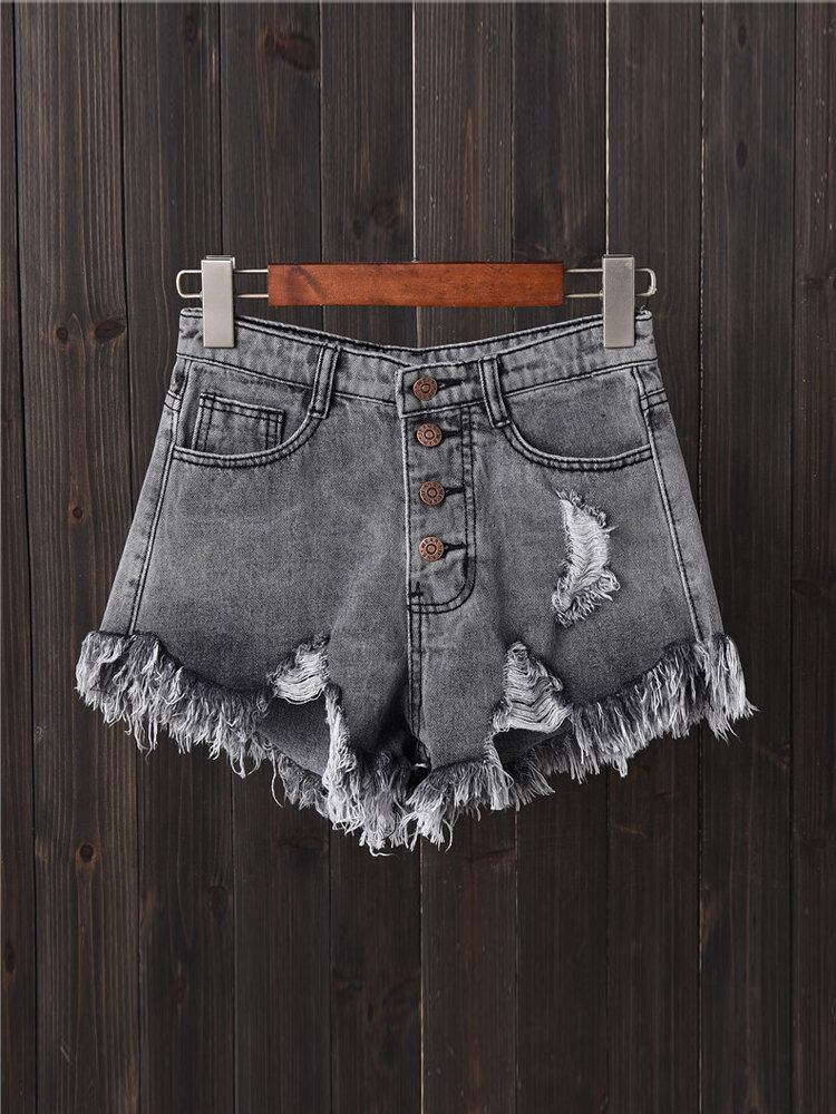 Dame Button Up Pocket Løs Hollow Ripped Denim Shorts