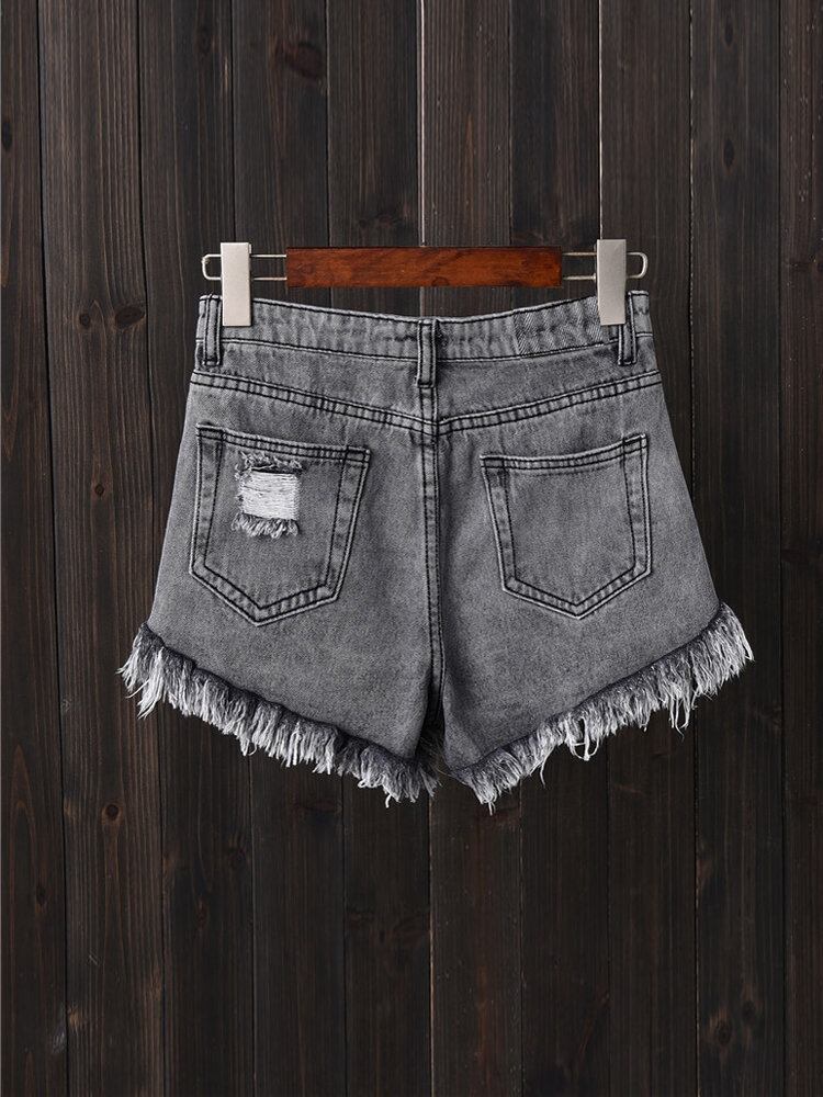 Dame Button Up Pocket Løs Hollow Ripped Denim Shorts