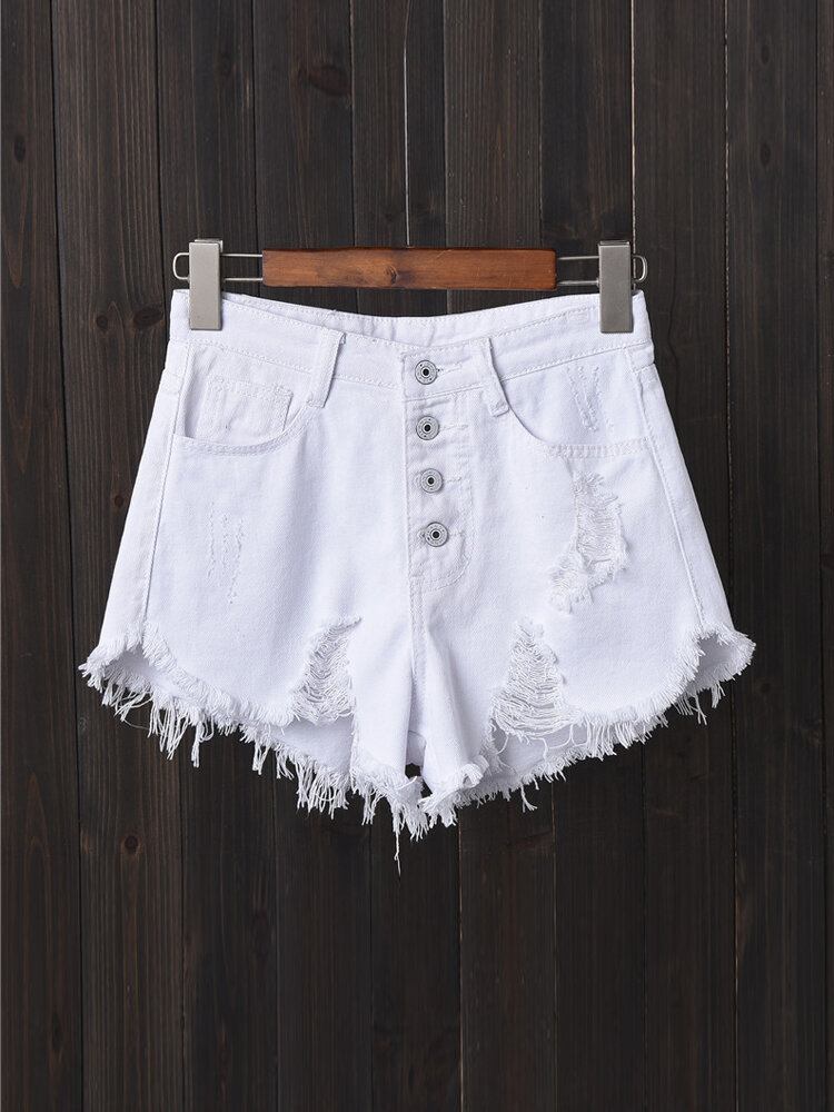 Dame Button Up Pocket Løs Hollow Ripped Denim Shorts