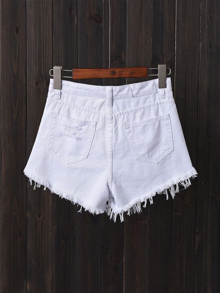 Dame Button Up Pocket Løs Hollow Ripped Denim Shorts