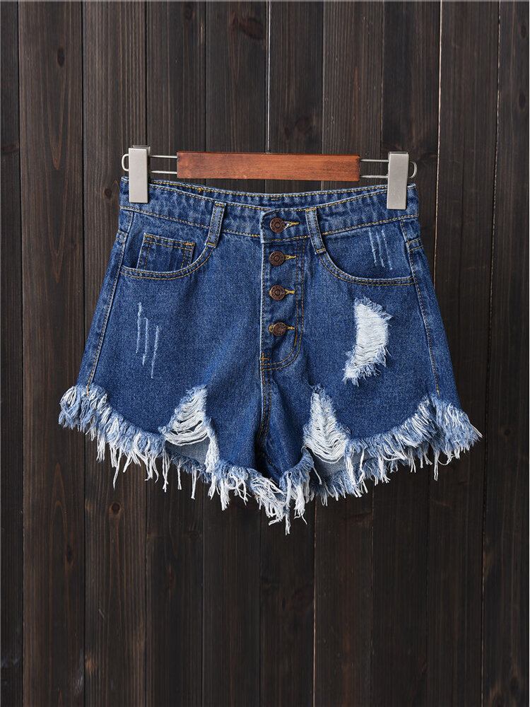 Dame Button Up Pocket Løs Hollow Ripped Denim Shorts